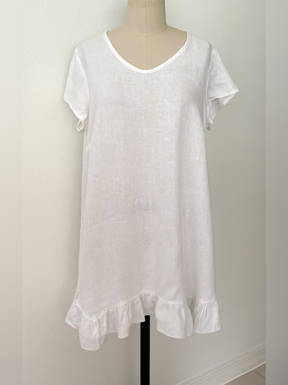 Goddess Gear Cap Sleeve Ruffle Tunic Creamy-White Linen Cottagecore Lagenlook L